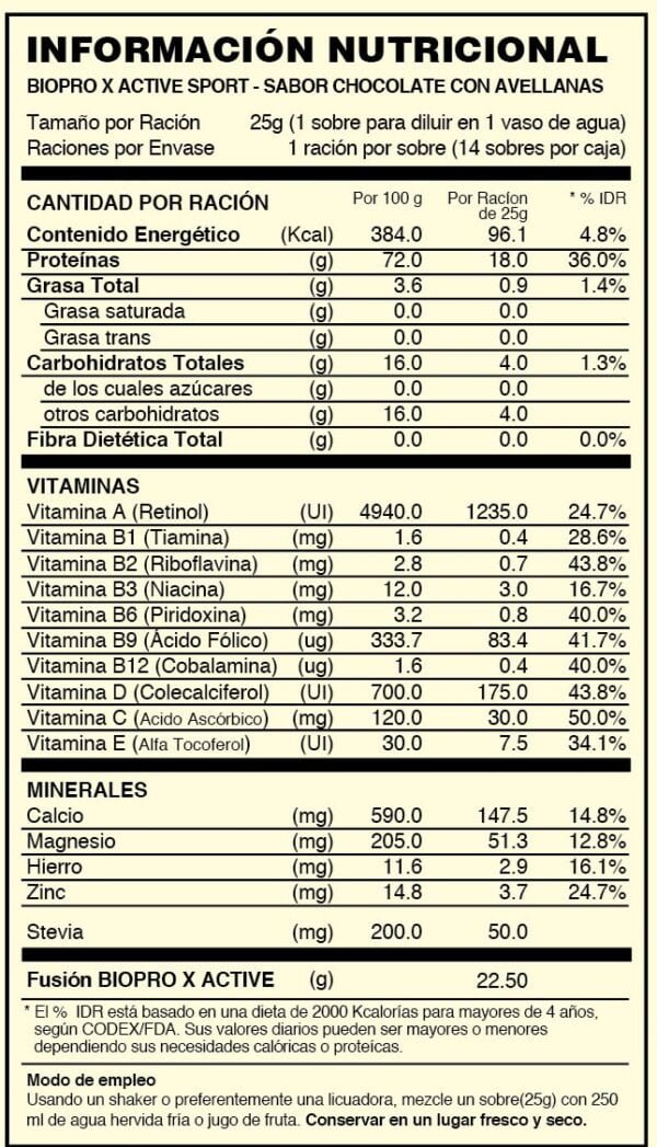 TABLA NUTRICIONAL BIOPRO X ACTIVE SPORT - CHOCOLATE CON AVELLANAS