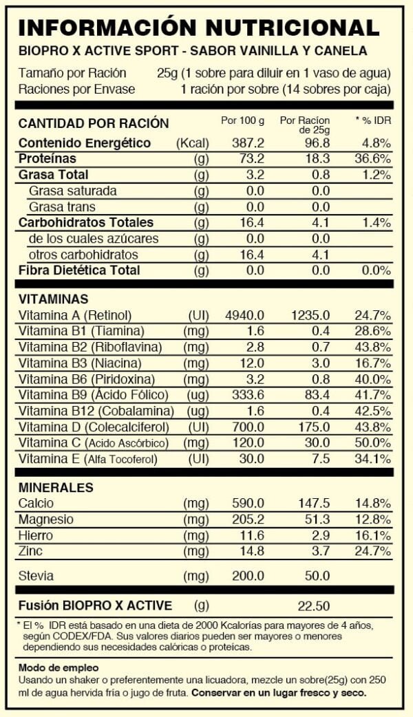 TABLA NUTRICIONAL BIOPRO X ACTIVE SPORT - VAINILLA Y CANELA