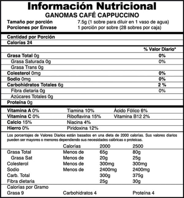 TABLA NUTRICIONAL GANO CAPPUCCINO